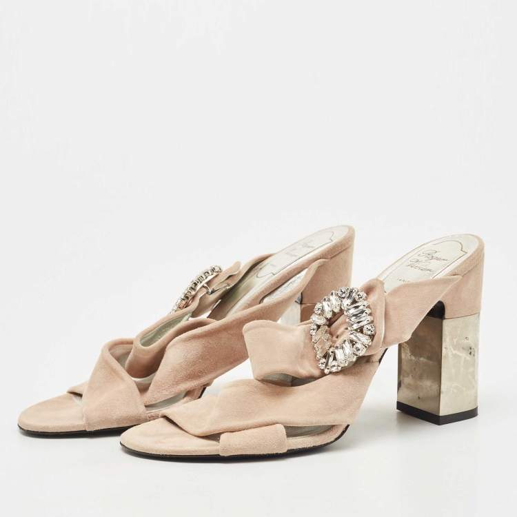 Pre Owned Roger Vivier Beige Suede Crystal Embellished Buckle Slide Sandals Size 39