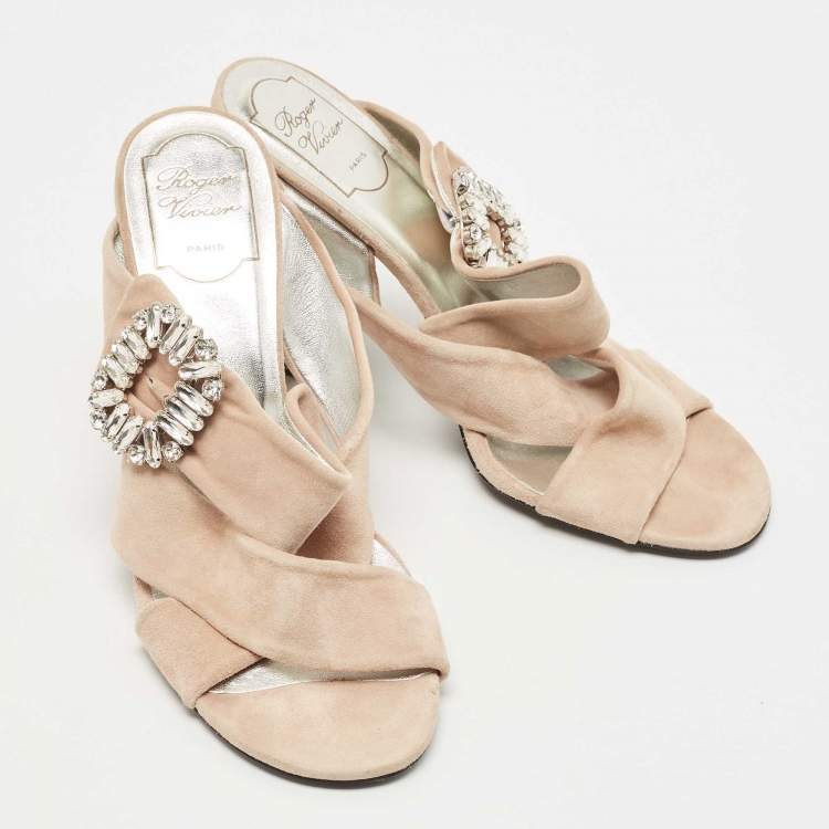 Pre Owned Roger Vivier Beige Suede Crystal Embellished Buckle Slide Sandals Size 39