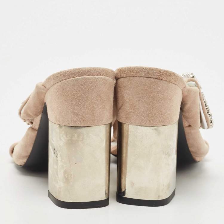 Pre Owned Roger Vivier Beige Suede Crystal Embellished Buckle Slide Sandals Size 39