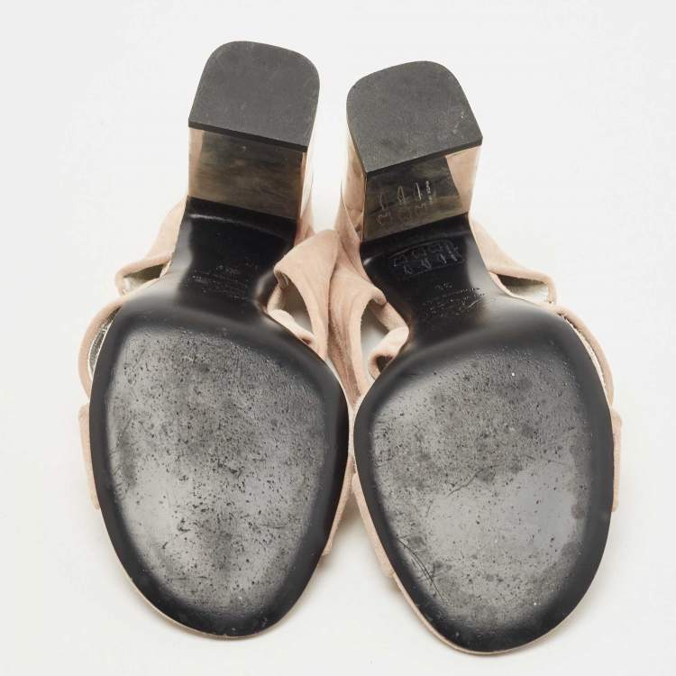 Pre Owned Roger Vivier Beige Suede Crystal Embellished Buckle Slide Sandals Size 39