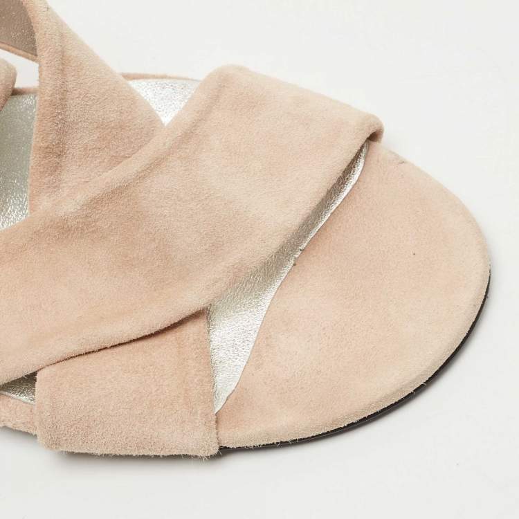 Pre Owned Roger Vivier Beige Suede Crystal Embellished Buckle Slide Sandals Size 39