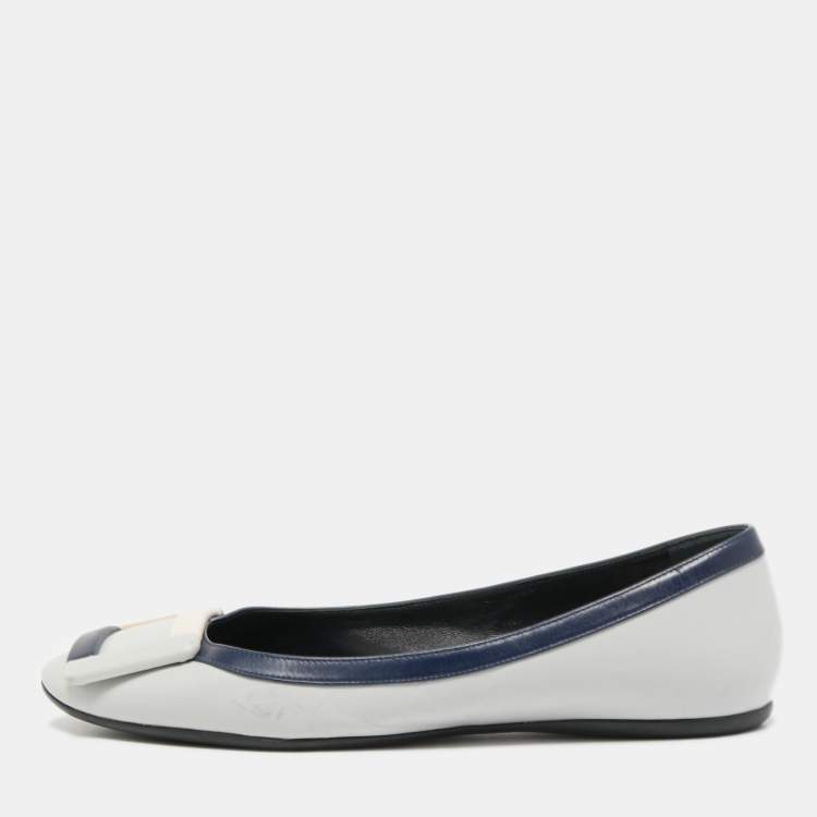 Pre Owned Roger Vivier Grey Leather Buckle Detail Square Cap Toe Ballet Flats Size 37