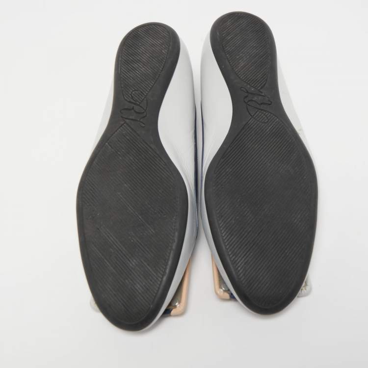 Pre Owned Roger Vivier Grey Leather Buckle Detail Square Cap Toe Ballet Flats Size 37