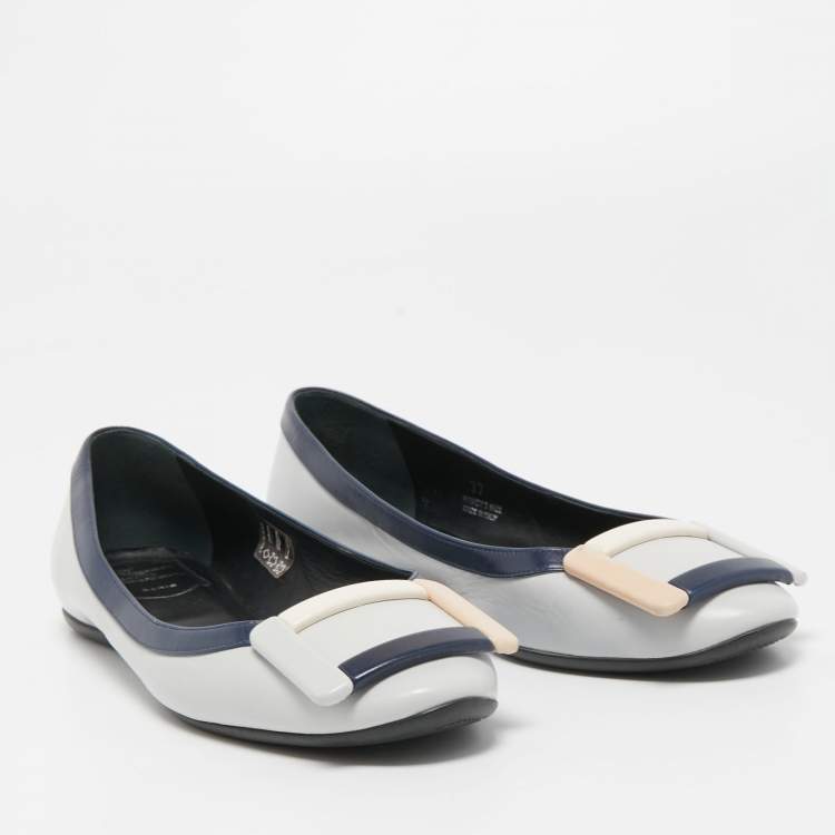 Pre Owned Roger Vivier Grey Leather Buckle Detail Square Cap Toe Ballet Flats Size 37