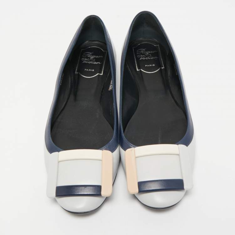 Pre Owned Roger Vivier Grey Leather Buckle Detail Square Cap Toe Ballet Flats Size 37