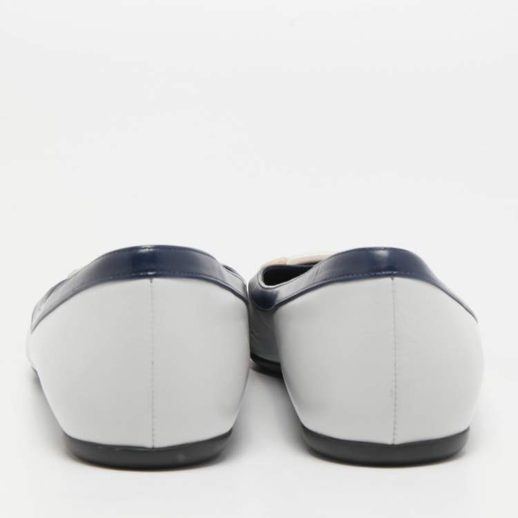 Pre Owned Roger Vivier Grey Leather Buckle Detail Square Cap Toe Ballet Flats Size 37