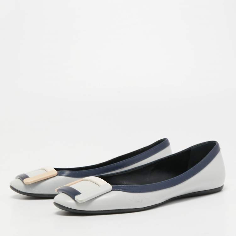 Pre Owned Roger Vivier Grey Leather Buckle Detail Square Cap Toe Ballet Flats Size 37