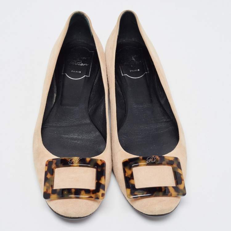 Pre Owned Roger Vivier Beige Suede Gommette Ballet Flats Size 39.5