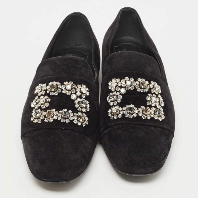 Pre Owned Roger Vivier Black Suede and Crystal Flower Strass Loafers Size 40
