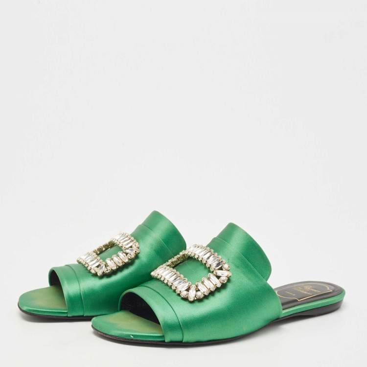 Pre Owned Roger Vivier Green Satin Tiffany Flat Slides Size 37.5