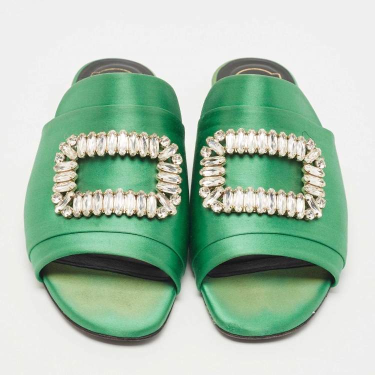 Pre Owned Roger Vivier Green Satin Tiffany Flat Slides Size 37.5