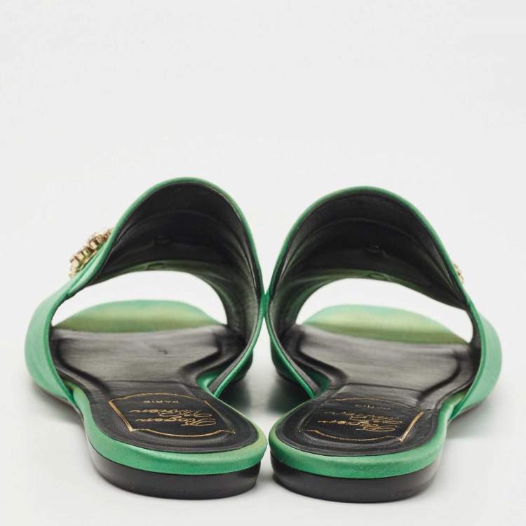 Pre Owned Roger Vivier Green Satin Tiffany Flat Slides Size 37.5