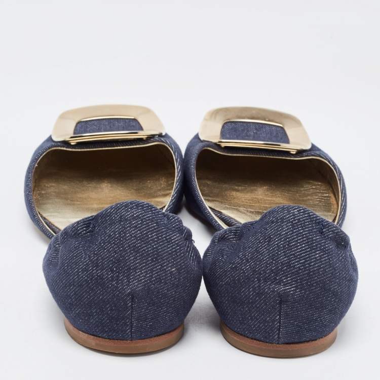 Pre Owned Roger Vivier Navy Blue Denim Chip Buckle D'orsay Flats Size 38