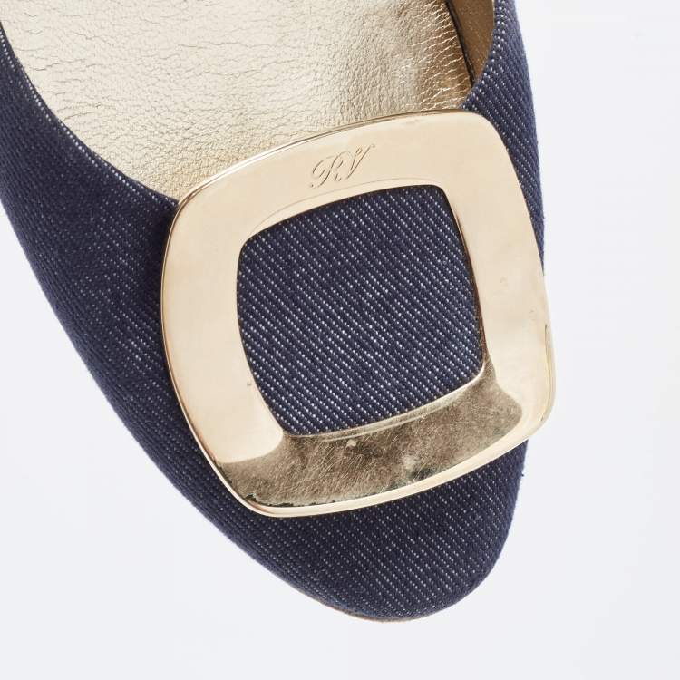 Pre Owned Roger Vivier Navy Blue Denim Chip Buckle D'orsay Flats Size 38