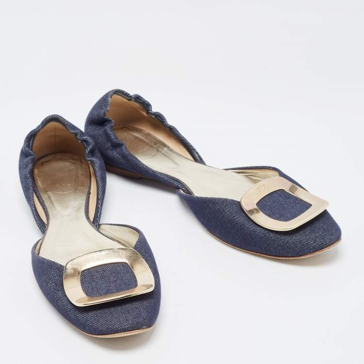 Pre Owned Roger Vivier Navy Blue Denim Chip Buckle D'orsay Flats Size 38