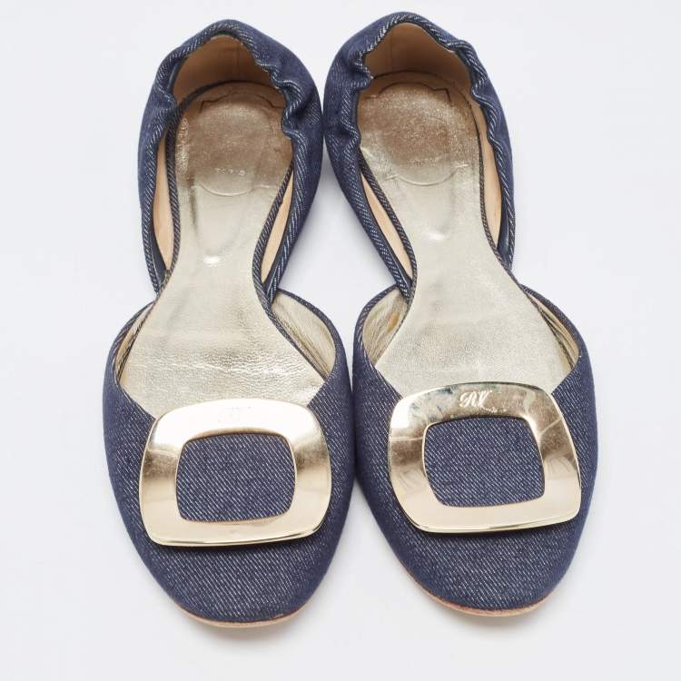 Pre Owned Roger Vivier Navy Blue Denim Chip Buckle D'orsay Flats Size 38