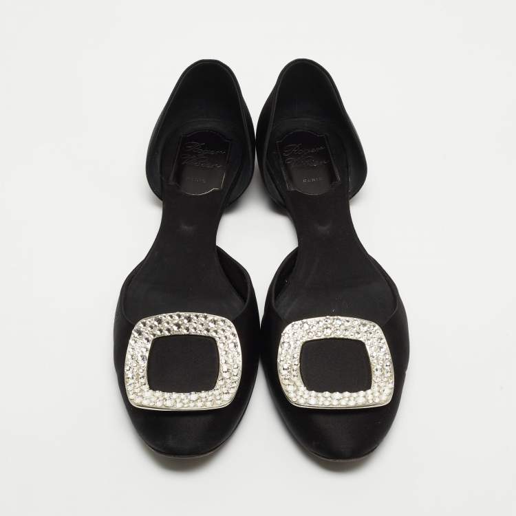 Pre Owned Roger Vivier Black Satin Chips Prism Studded Flats Size 38