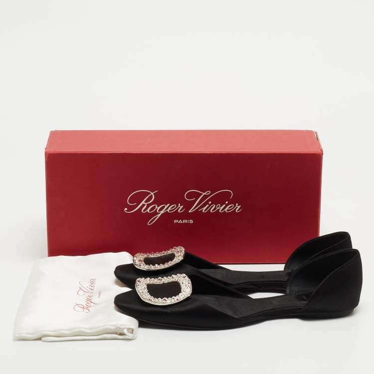 Pre Owned Roger Vivier Black Satin Chips Prism Studded Flats Size 38