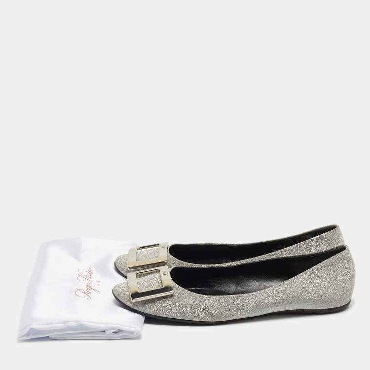 Pre Owned Roger Vivier Silver Glitter Ballet Flats Size 39.5