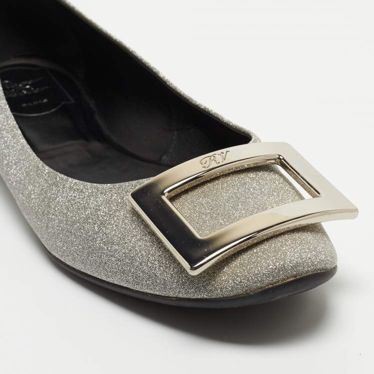 Pre Owned Roger Vivier Silver Glitter Ballet Flats Size 39.5