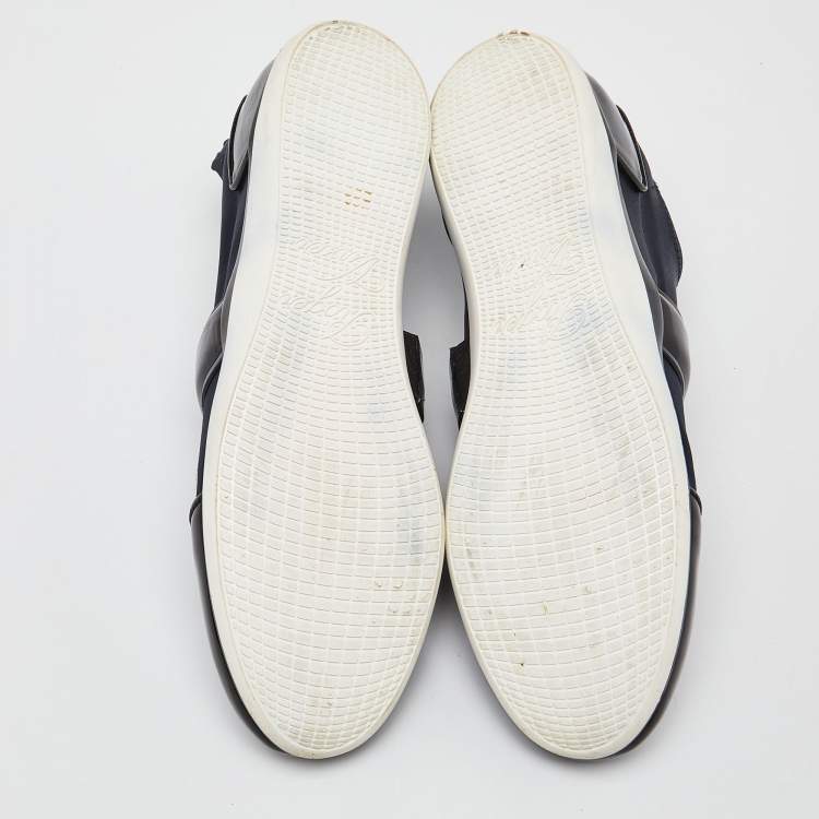 Pre Owned Roger Vivier Blue/Black Satin and Patent Leather Sneaky Viv Slip On Sneakers Size 39