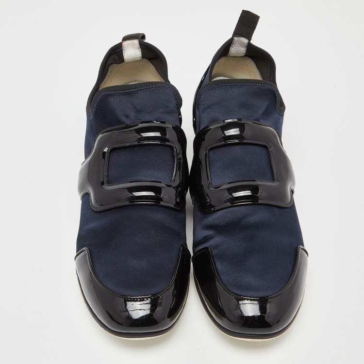 Pre Owned Roger Vivier Blue/Black Satin and Patent Leather Sneaky Viv Slip On Sneakers Size 39