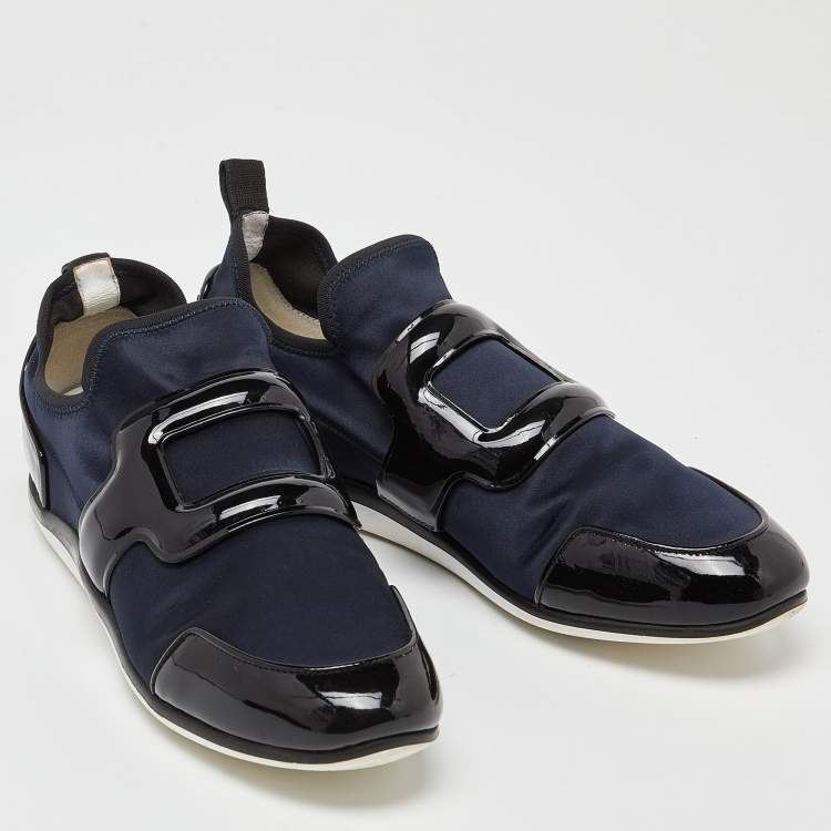 Pre Owned Roger Vivier Blue/Black Satin and Patent Leather Sneaky Viv Slip On Sneakers Size 39