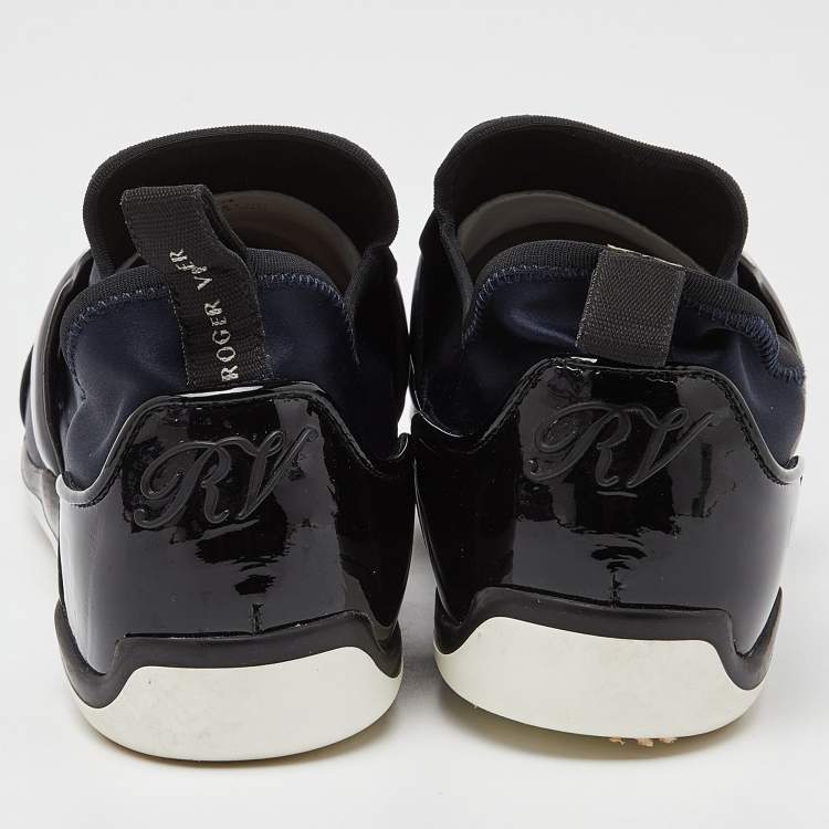 Pre Owned Roger Vivier Blue/Black Satin and Patent Leather Sneaky Viv Slip On Sneakers Size 39