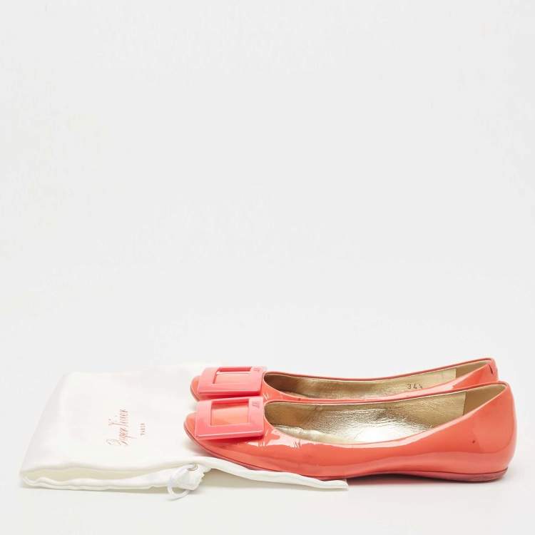 Pre Owned Roger Vivier Coral Pink Patent Leather Belle Vivier Ballet Flats Size 34.5