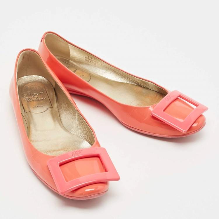 Pre Owned Roger Vivier Coral Pink Patent Leather Belle Vivier Ballet Flats Size 34.5