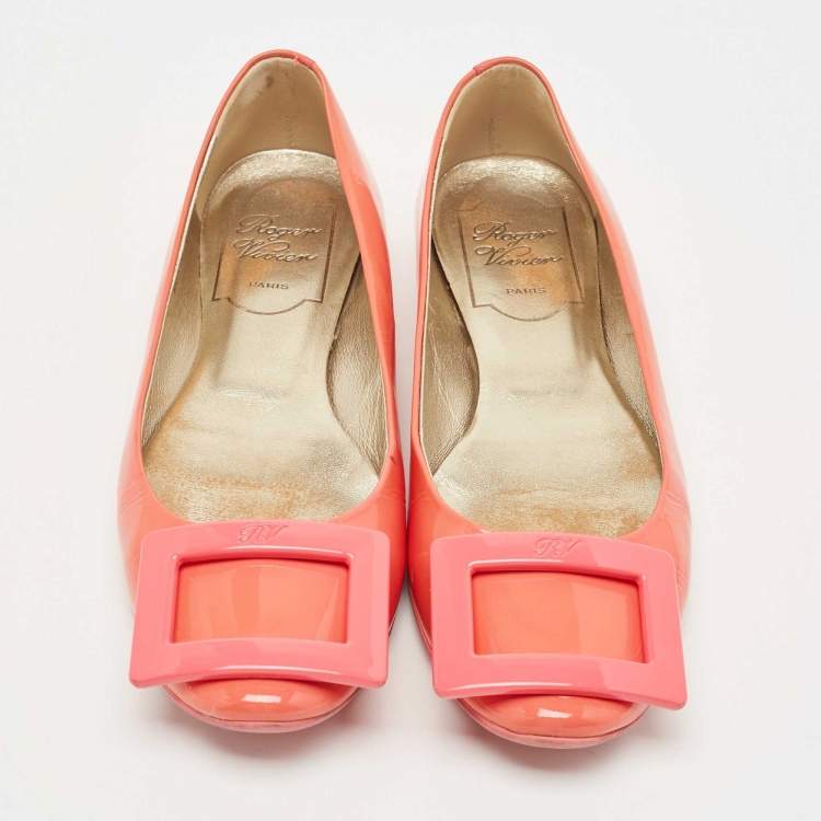 Pre Owned Roger Vivier Coral Pink Patent Leather Belle Vivier Ballet Flats Size 34.5