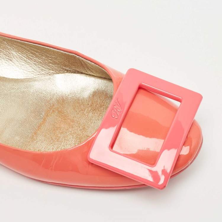 Pre Owned Roger Vivier Coral Pink Patent Leather Belle Vivier Ballet Flats Size 34.5