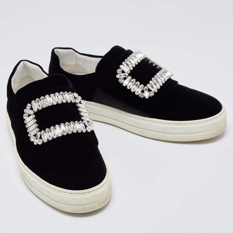 Pre Owned Roger Vivier Black Velvet Sneaky Viv Embellished Slip On Sneakers Size 36