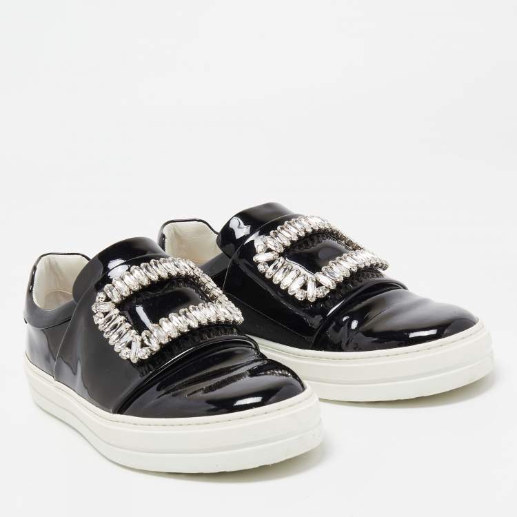 Pre Owned Roger Vivier Black Patent Leather Sneaky Viv Crystal Embellished Slip On Sneakers Size 38