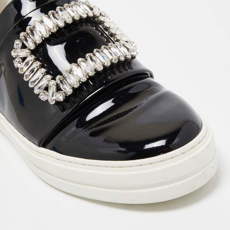 Pre Owned Roger Vivier Black Patent Leather Sneaky Viv Crystal Embellished Slip On Sneakers Size 38