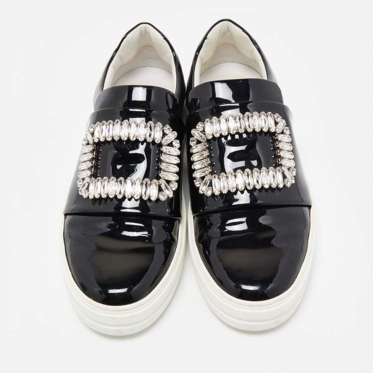 Pre Owned Roger Vivier Black Patent Leather Sneaky Viv Crystal Embellished Slip On Sneakers Size 38