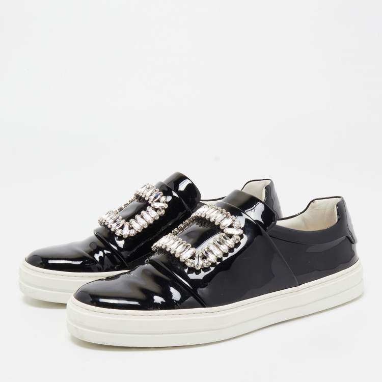 Pre Owned Roger Vivier Black Patent Leather Sneaky Viv Crystal Embellished Slip On Sneakers Size 38