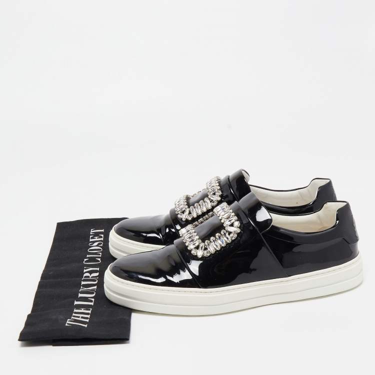Pre Owned Roger Vivier Black Patent Leather Sneaky Viv Crystal Embellished Slip On Sneakers Size 38