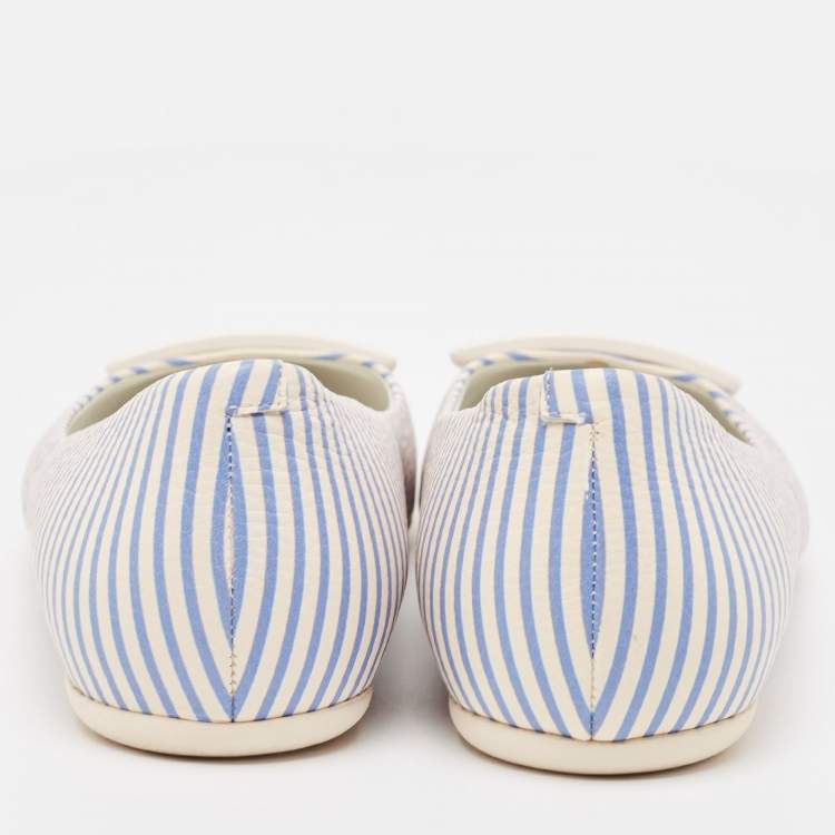 Pre Owned Roger Vivier White/Blue Striped Leather Gommette Ballet Flats Size 37