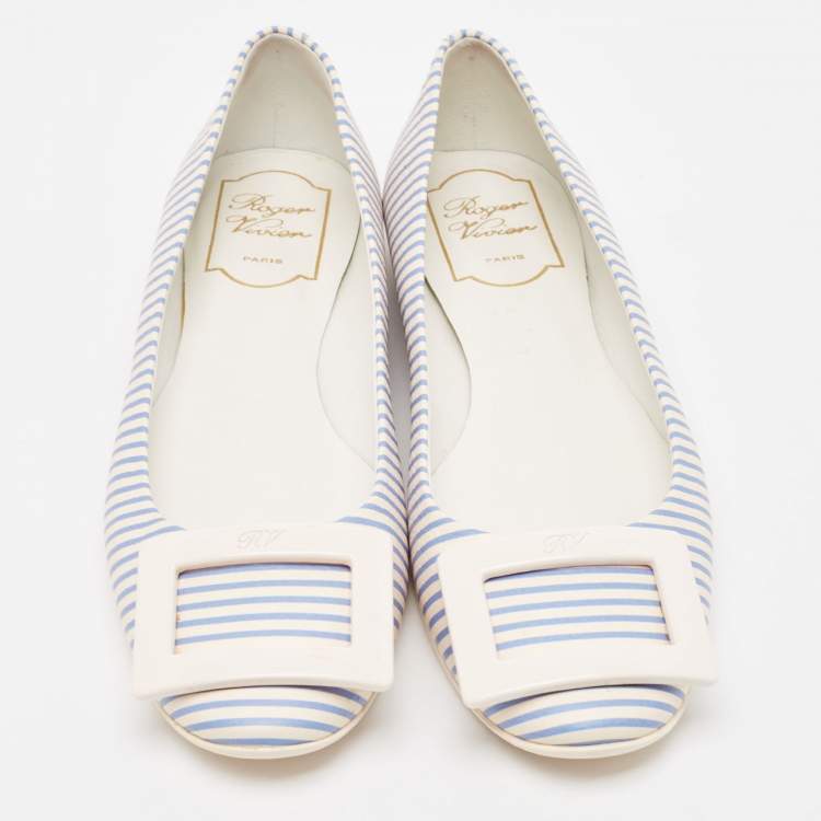 Pre Owned Roger Vivier White/Blue Striped Leather Gommette Ballet Flats Size 37