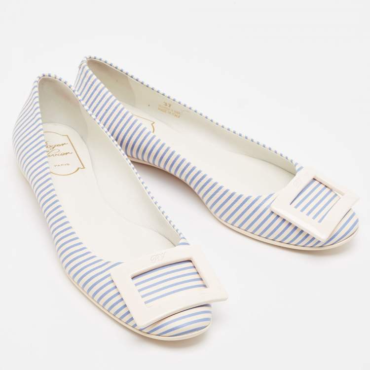 Pre Owned Roger Vivier White/Blue Striped Leather Gommette Ballet Flats Size 37