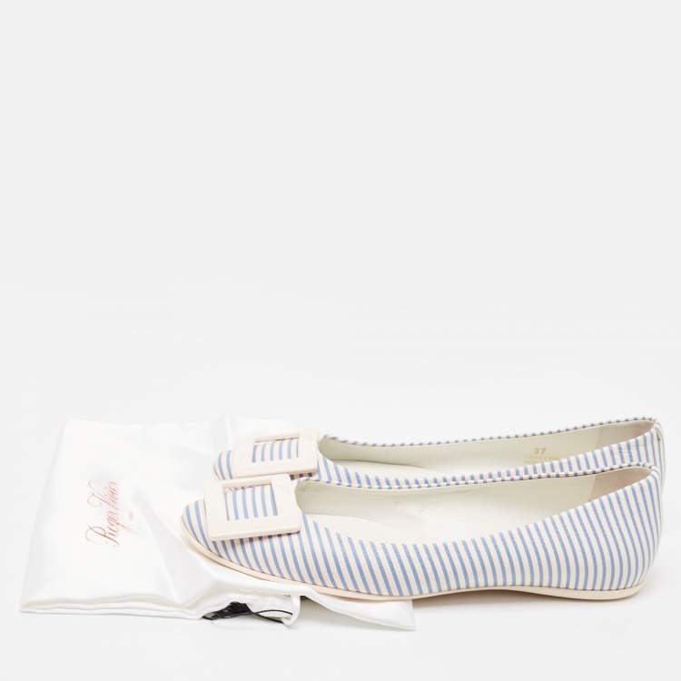 Pre Owned Roger Vivier White/Blue Striped Leather Gommette Ballet Flats Size 37