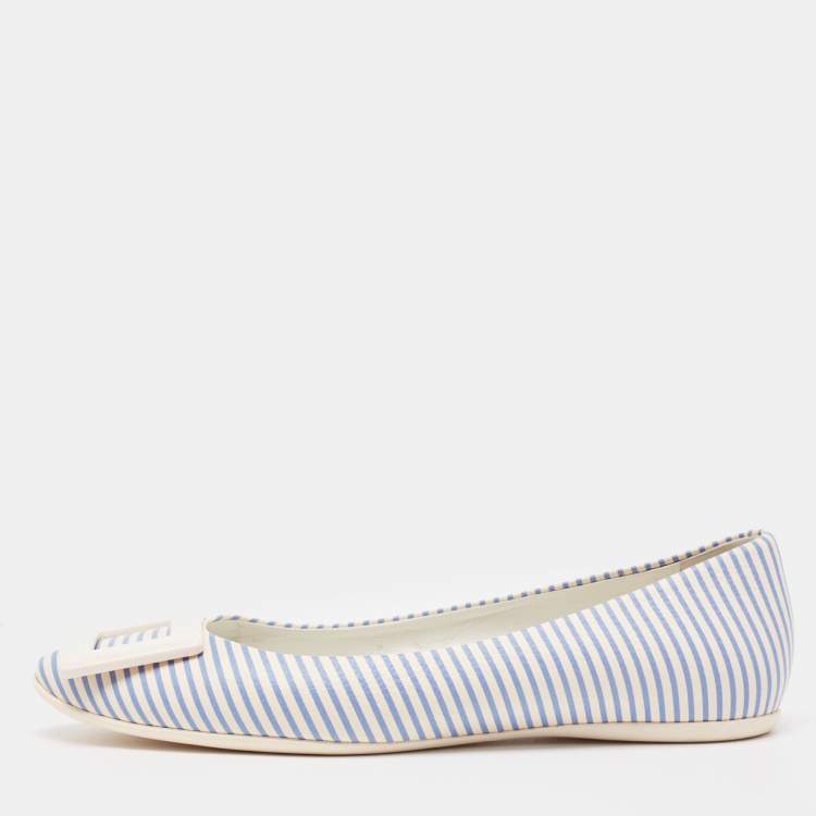 Pre Owned Roger Vivier White/Blue Striped Leather Gommette Ballet Flats Size 37