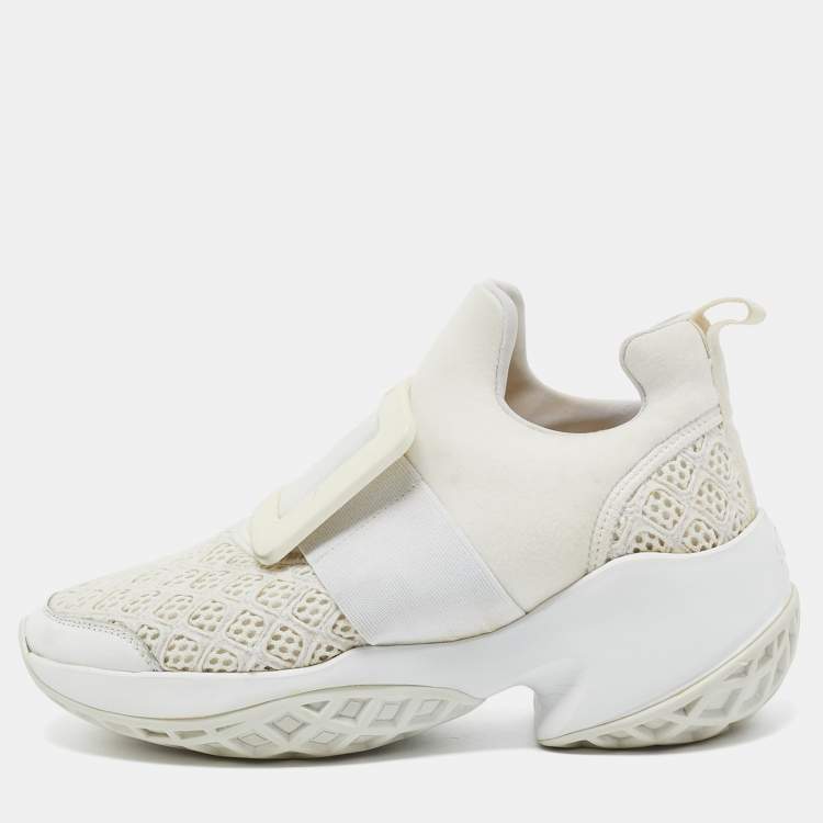 Pre Owned Roger Vivier White Neoprene and Lace Viv Run Sneakers Size 35.5