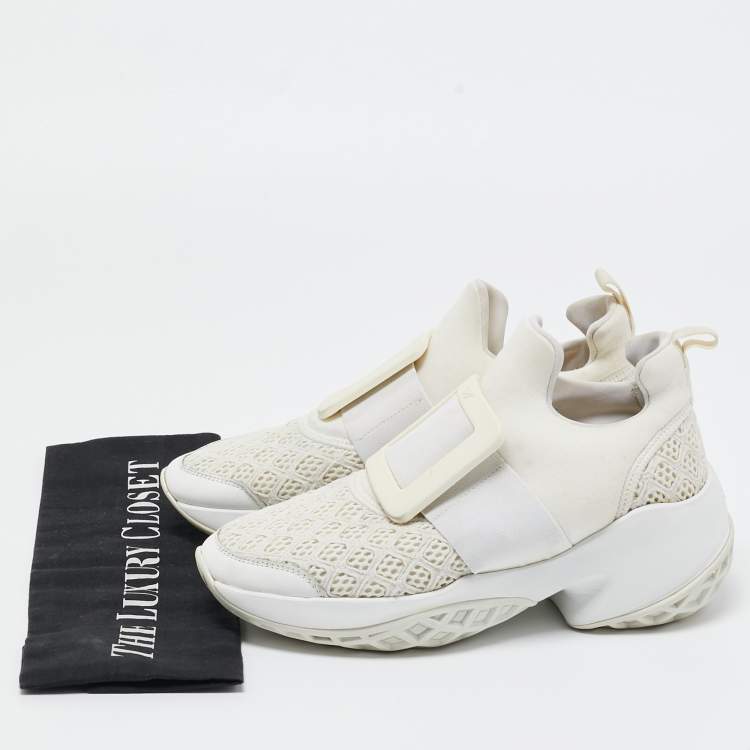 Pre Owned Roger Vivier White Neoprene and Lace Viv Run Sneakers Size 35.5