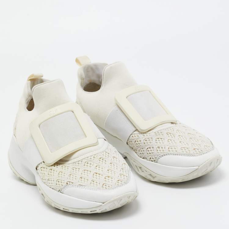 Pre Owned Roger Vivier White Neoprene and Lace Viv Run Sneakers Size 35.5