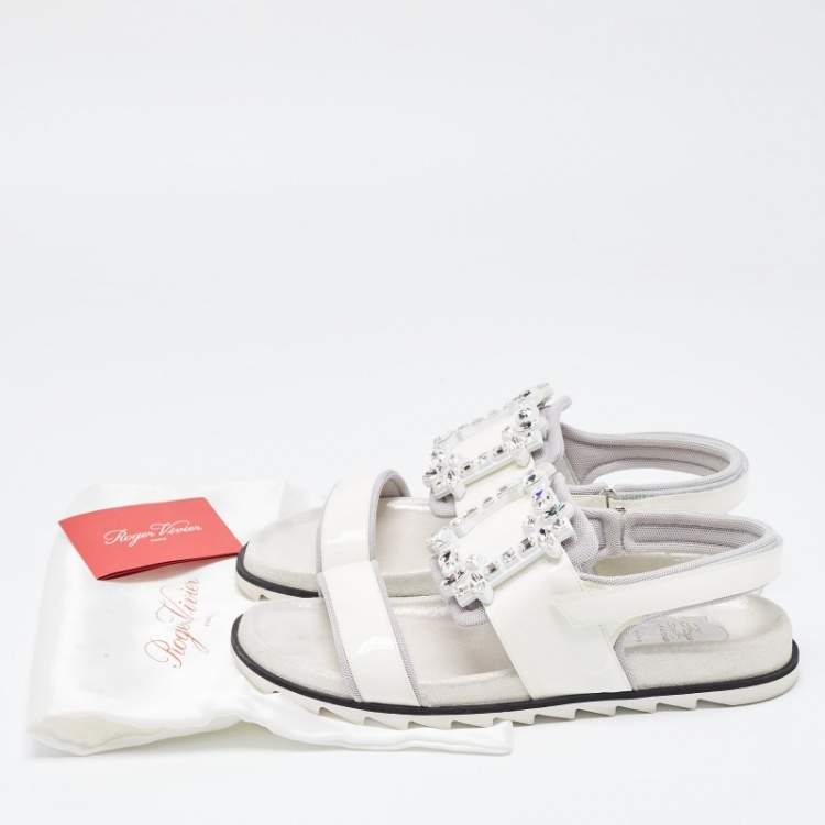 Pre Owned Roger Vivier White Patent Leather Vivier Strass Sandals Size 39