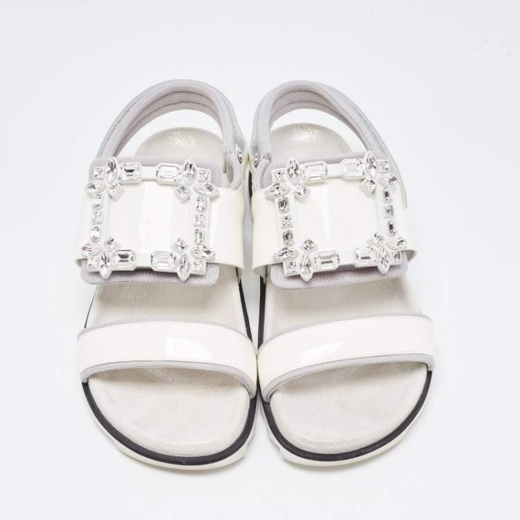 Pre Owned Roger Vivier White Patent Leather Vivier Strass Sandals Size 39