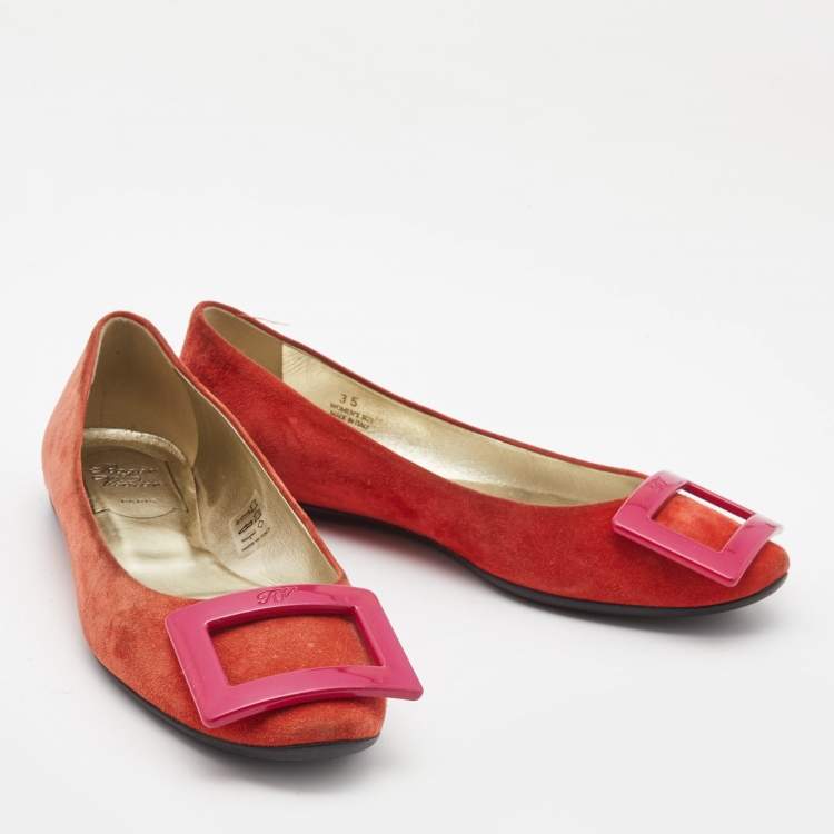Pre Owned Roger Vivier Orange Suede Vivier Ballet Flats Size 35
