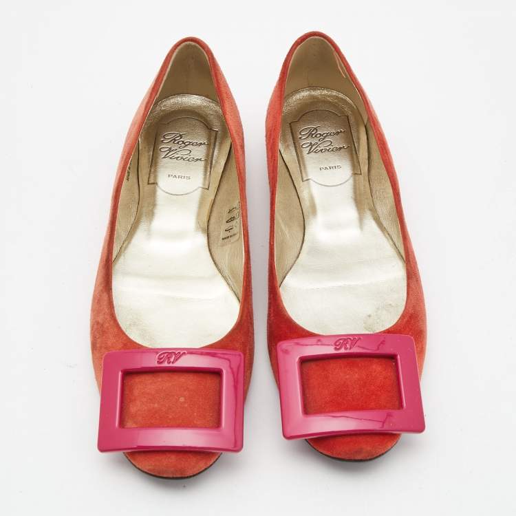 Pre Owned Roger Vivier Orange Suede Vivier Ballet Flats Size 35